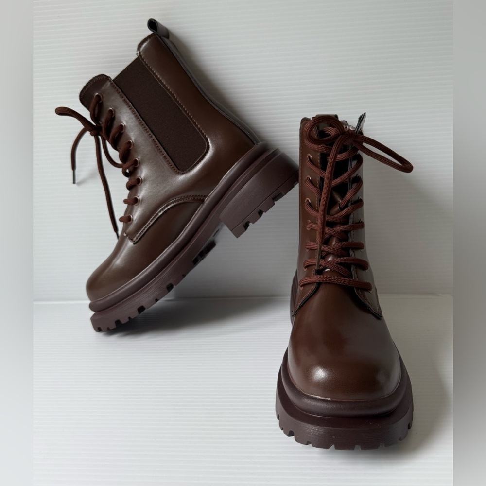 Women's Lace-Up Chelsea Boots Brown Vegan Leather Size EU 36